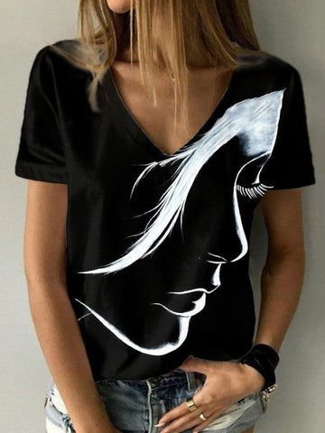 3 Colors Loose Simple Face Printed V-Neck T-Shirt