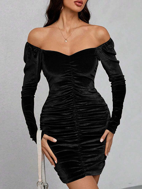 Pleated Solid Color Velvet Bodycon High Waisted Off-The-Shoulder Mini Dresses