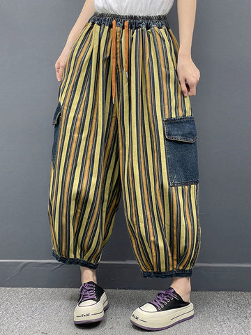 Contrast Color Drawstring Pleated Pockets Striped Loose Ninth Pants Knickerbockers Jean Pants Bottoms