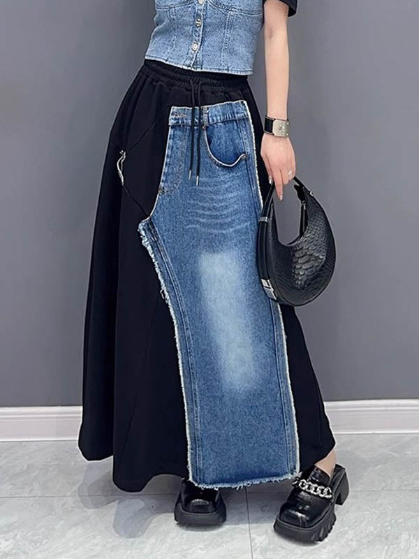 Asymmetric Drawstring Elasticity Pockets Split-Joint A-Line Loose Skirts Bottoms