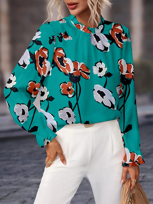 Floral Printed Hollow Long Sleeves Loose Stand Collar Blouses