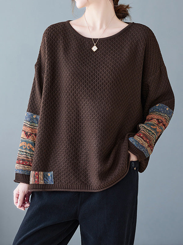 Printed Split-Joint Long Sleeves Loose Round-Neck Sweater Tops Pullovers