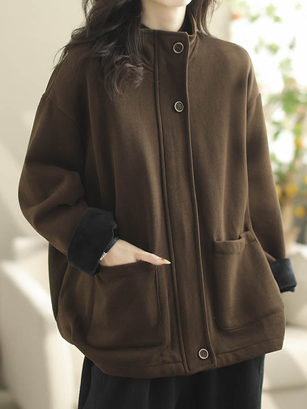 Buttoned Keep Warm Pockets Split-Joint Velvet Zipper Long Sleeves Loose Stand Collar Outerwear