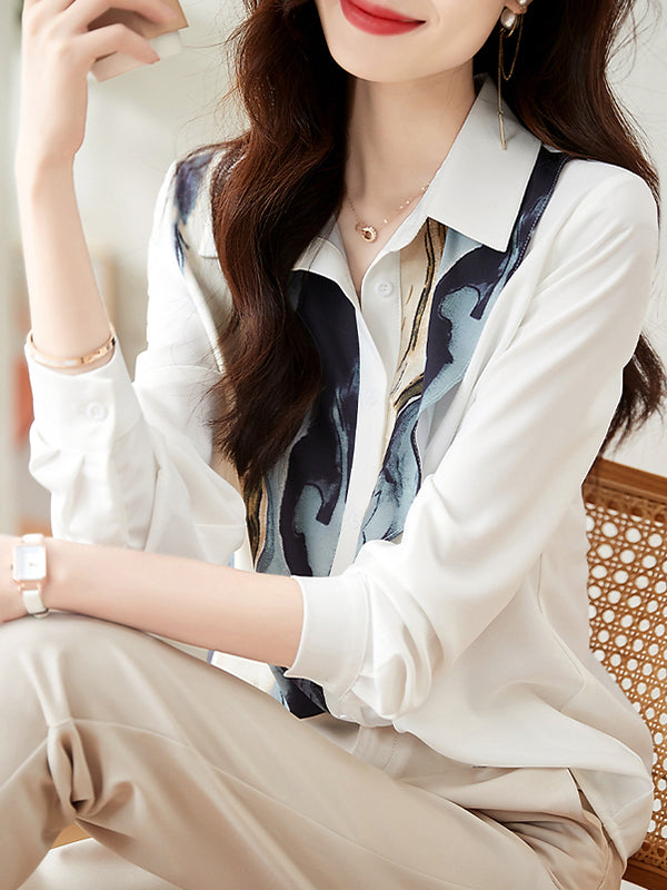 Buttoned Patterned Long Sleeves Relaxed Fit Lapel Blouses&Shirts Tops