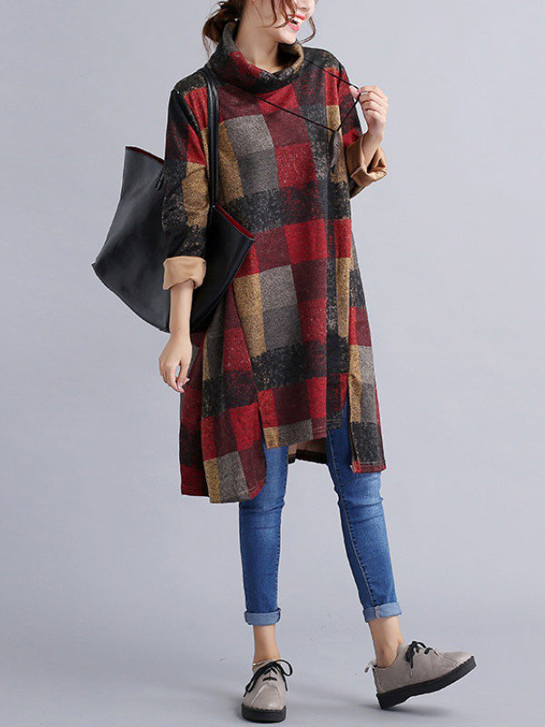 Artistic Retro Loose Long Sleeves Contrast Color Plaid Heaps Collar Midi Dresses