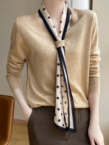 Polka-Dot Ribbon Long Sleeves Loose V-Neck Sweater Tops Pullovers