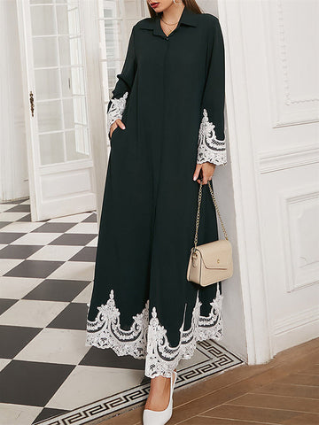 Buttoned Embroidered Long Sleeves Loose Lapel Maxi Dresses