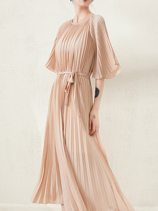 Loose Pleated With Waistband Solid Color Round-Neck Maxi Dresses