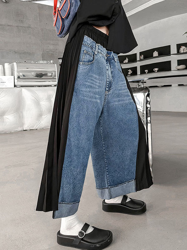 Contrast Color Pleated Split-Joint Loose Ninth Pants Wide Leg Jean Pants Bottoms