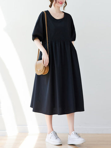 Casual Half Sleeves Loose Elasticity Split-Joint Solid Color Midi Dresses