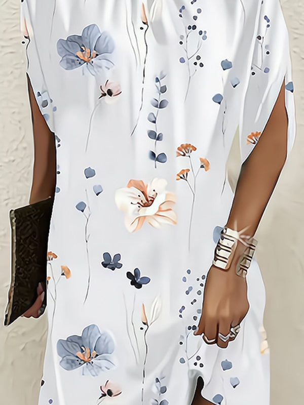 Flower Print Batwing Sleeves Loose Round-Neck Mini Dresses