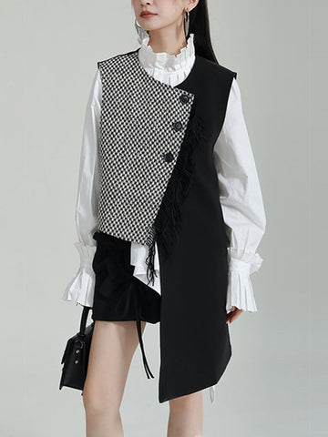 Asymmetric Buttoned Houndstooth Ruffle Sleeves Sleeveless Vest Outerwear