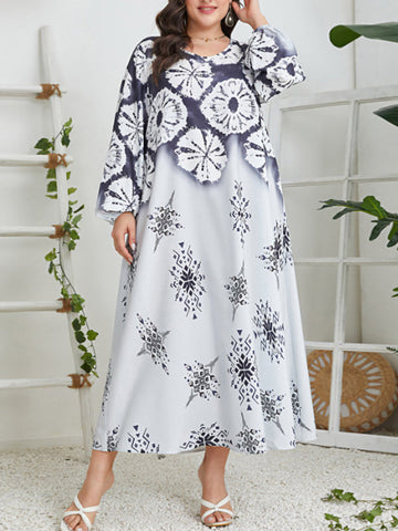 Contrast Color Flower Print Muslim Long Sleeves Loose Round-Neck Midi Dresses