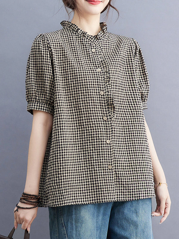 Plaid Pleated Split-Joint Loose Oversize V-Neck Blouses