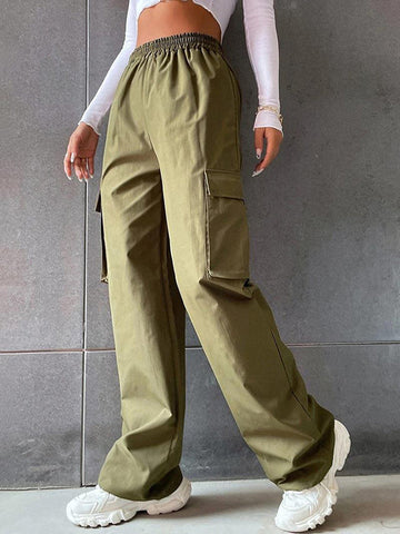 Elasticity Pockets Split-Joint High Waisted Loose Trousers Pants