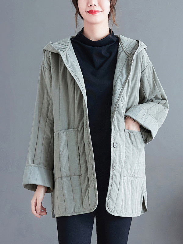 Casual Long Sleeves Loose Buttoned Keep Warm Solid Color Hooded Padded Coat/Down Coat