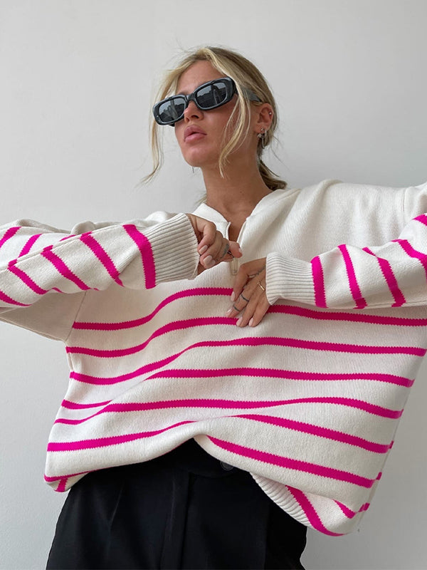 Urban Long Sleeves Loose Striped Round-Neck Sweater Tops