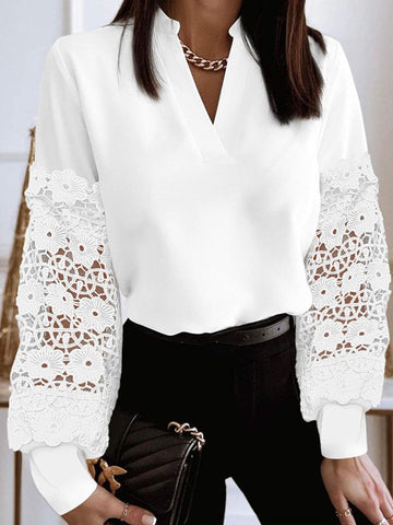 Hollow Solid Color Split-Joint Long Sleeves Loose V-Neck Blouses&Shirts Tops