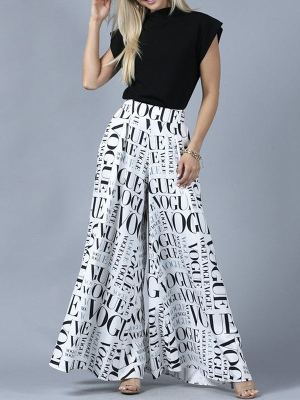 High-Waisted Letter Print Split-Joint Loose Wide Leg Trousers Pants