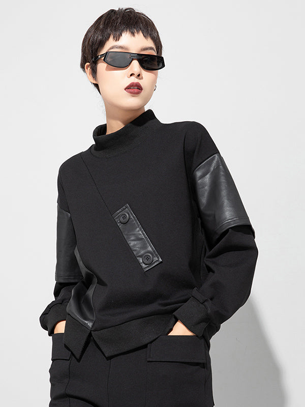 Thicken PU Split-Joint False-Two Asymmetric Sweatshirt