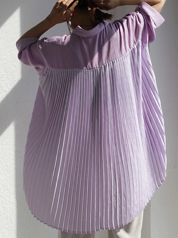 Stylish Solid Color High-Low Pleated Split-Joint Half Sleeves Blouse