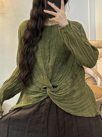 Pleated Solid Color Long Sleeves Loose Round-neck Blouses&shirts Tops