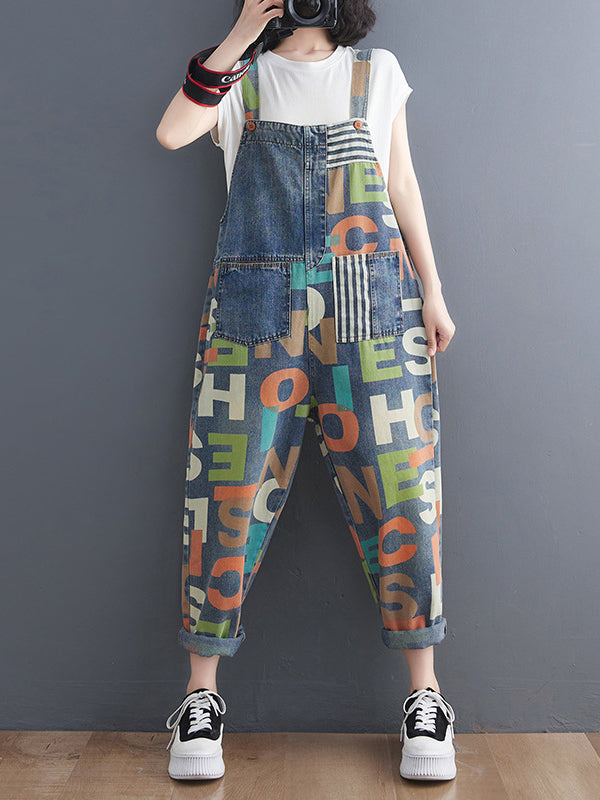 Asymmetric Buttoned Letter Print Pockets Split-Joint Striped High Waisted Loose Overalls