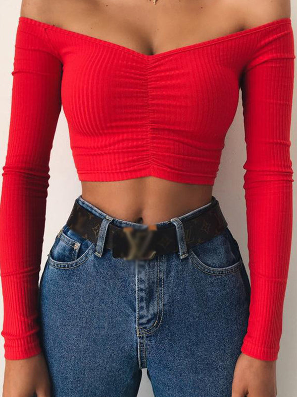 Solid Color Long Sleeves Skinny Off-The-Shoulder T-Shirts Tops