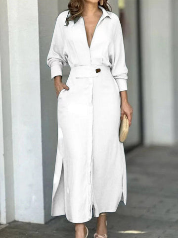 Solid Color Long Sleeves Lapel Collar Maxi Dresses