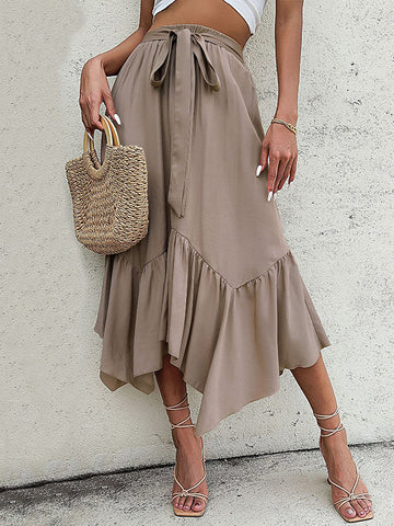 Belted Pleated Solid Color Split-Joint Irregular clipping Loose Skirts