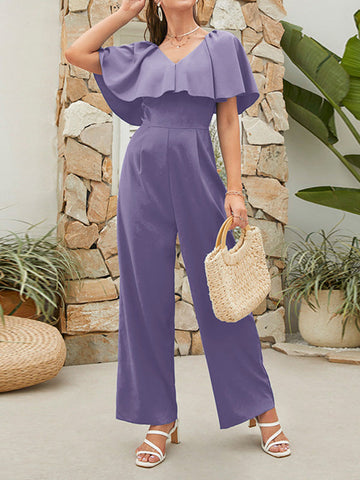 Solid Color Split-Joint High Waisted Ruffle Sleeves V-Neck Jumpsuits