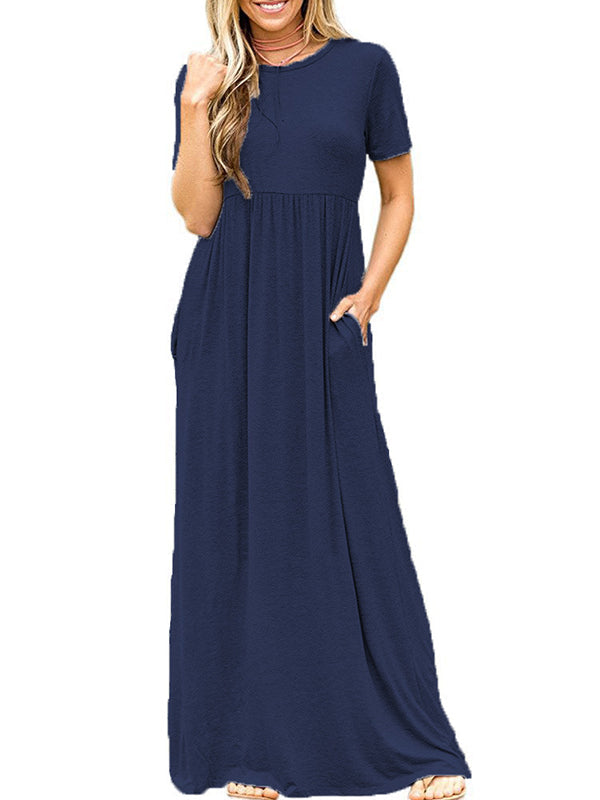 Pleated Pockets Solid Color Split-Joint High Waisted Short Sleeves Round-Neck Maxi Dresses