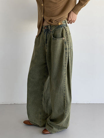 Pleated Split-Joint High Waisted Loose Jean Pants Bottoms