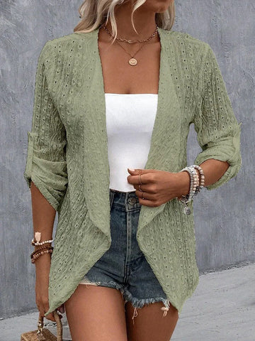 Buttoned Hollow Jacquard Solid Color Long Sleeves Loose Collarless Outerwear