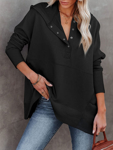 Buttoned Hooded Split-Joint Batwing Sleeves Long Sleeves V-Neck Hoodies Tops