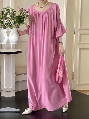 Solid Color Half Sleeves Loose Round-Neck Midi Dresses