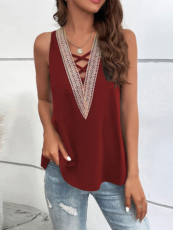 Hollow Split-Joint Loose Sleeveless V-Neck Vest Top