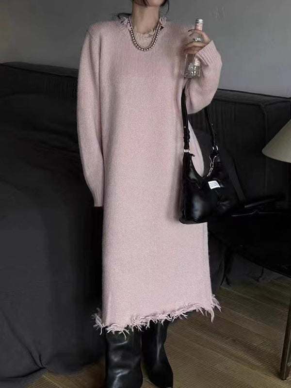 Fringed Solid Color High Waisted Long Sleeves Round-Neck Sweater Dresses Midi Dresses