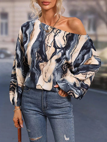 Asymmetric Printed Long Sleeves Loose One-Shoulder Blouses&Shirts Tops