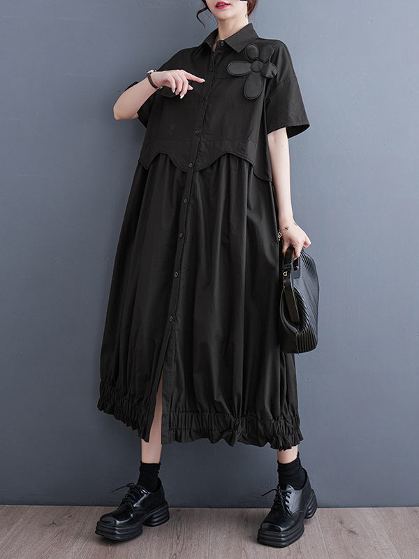 Elasticity Pleated Split-Joint Loose Short Sleeves Lapel Midi Dresses