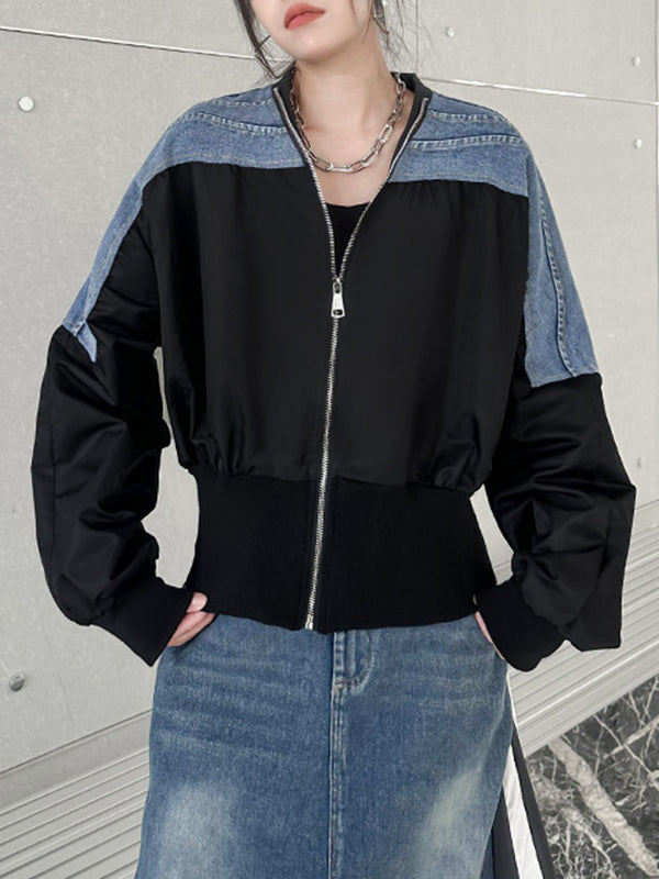 Pleated Split-Joint Zipper Long Sleeves Loose V-neck Outerwear Jackets