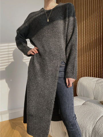 Loose Split-Side Solid Color Round-Neck Knitting Sweater Dresses