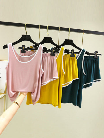 Home Wear Loose Sleeveless Contrast Color Round-Neck Vest&Shorts Pajamas Set