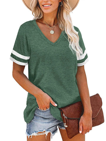 Contrast Color Striped Loose Short Sleeves V-Neck T-Shirts