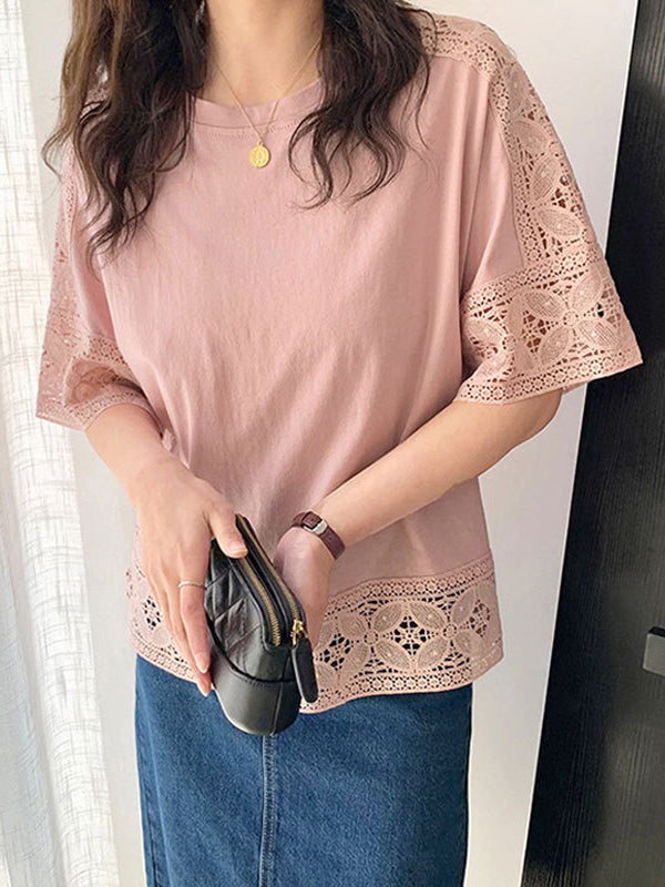 Hollow Solid Color Split-Joint Half Sleeves Loose Round-Neck T-Shirts