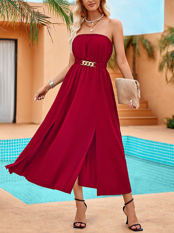 Chains Elasticity Pleated Split-Front A-Line Sleeveless Tube Midi Dresses