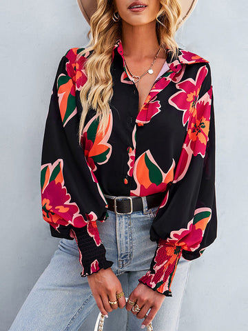 Buttoned Elasticity Flower Print Long Sleeves Loose Lapel Blouses&Shirts Tops