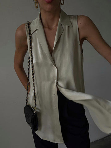 Solid Color Split-Joint Loose Sleeveless Lapel Vest Top