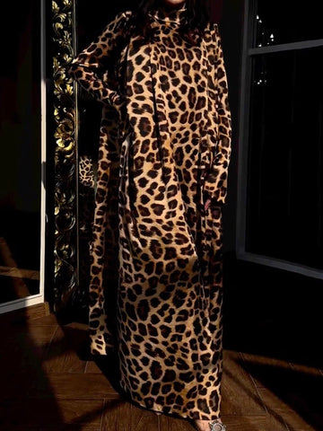 Leopard Flared Sleeves Long Sleeves High-neck Maxi Dresses