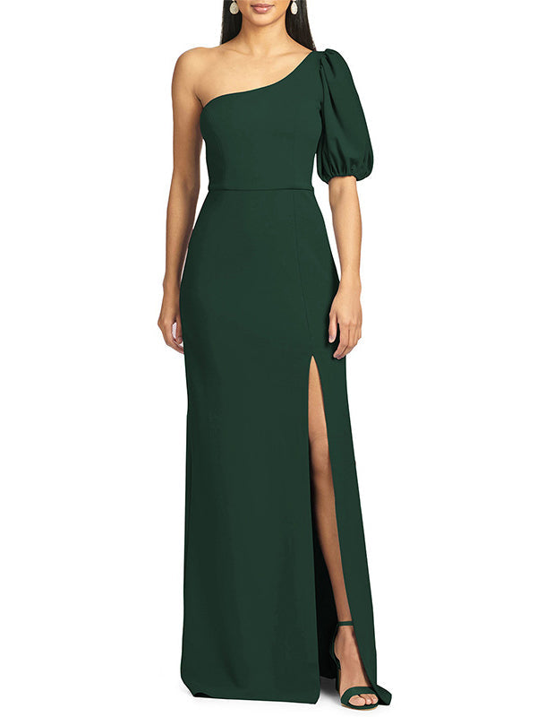 Solid Color Split-Side Puff Sleeves One-Shoulder Maxi Dresses